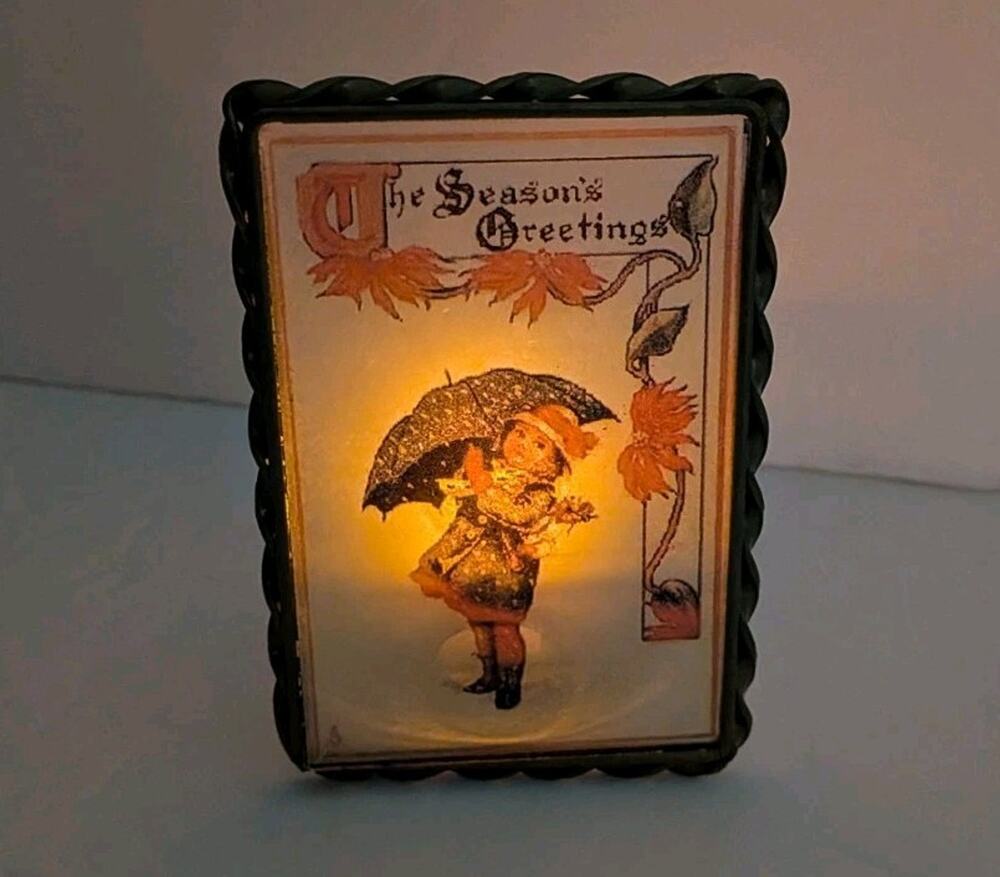 Vintage Season Greeting Tealight Holder Metal Glass Merry Christmas Card